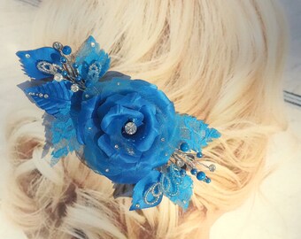 ON SALE, Bridal Hair Comb, Teal Rose Comb, Wedding Headpiece, C801