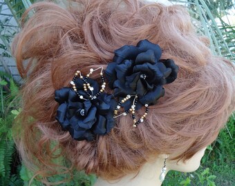 Rose Gardenia, Black Rose Gardenia, Set of 2, Black Hair Clips, Black Charmeuse Flowers, REX17393