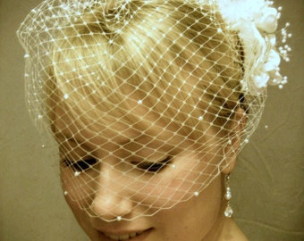 Wedding Birdcage Veil with Pearls, Small Bridal Veil, Russian Veiling, Bird Cage Veil, H1006