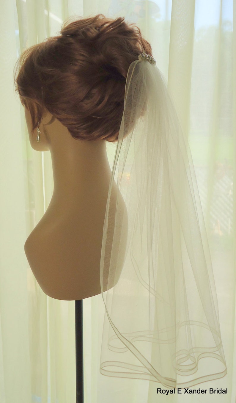 Elbow Length Veil, 20 Inch Illusion Veil, Embellished Comb, Ribbon Edge, Wedding Veil, H1054 image 4