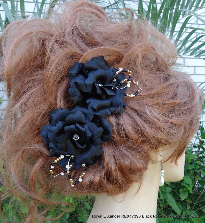 Black Hair Clips Set of 2 REX17393 Rose Gardenia Black Rose Gardenia Black Charmeuse Flowers