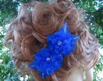 Wedding Hair Flowers, Blue Organza Flowers, Flower Hair Clips, Set of 2, 16407