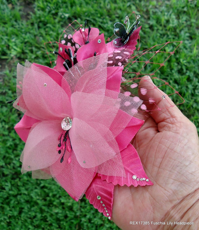 Wedding Hair Lily, Fuchsia Headpiece, Pink Black Flower, REX17385 image 6