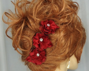 Bordeaux Red Flowers, Mini Flower Pins, Flower Hair Pins, Set of 3, Wedding Accessory, REX15-205