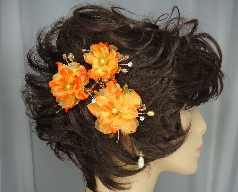 Orange Yellow Hair Pins, Delphinium Hair Pins, Set of 3, Hair Flower Pins, 15220 image 4