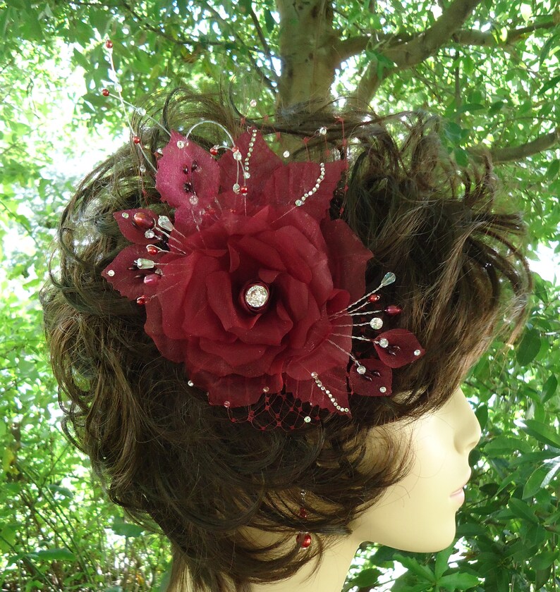 Wedding Hair Rose Rose Fascinator Burgundy Rose Wedding Etsy