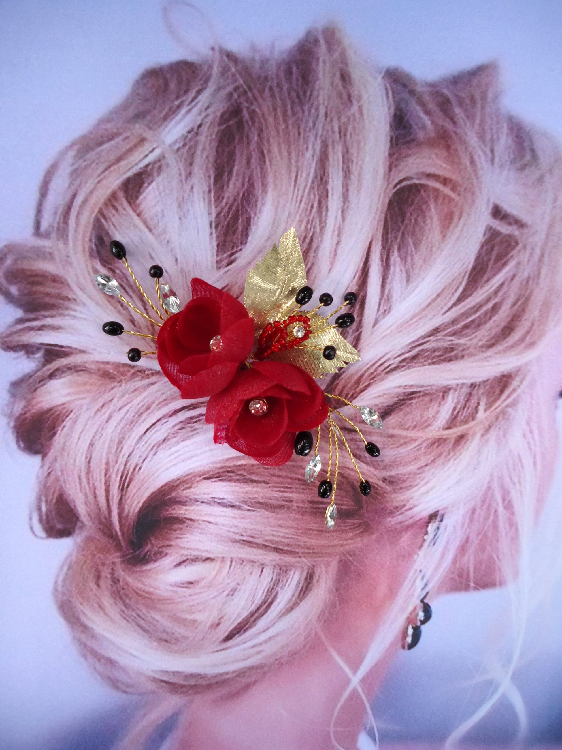 Bridal Hair Pin Red Black Hair Pin Floral Hair Pin Wedding Etsy