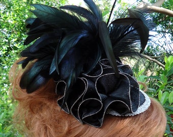 Black Mini Hat, Mini Ruffle Hat, Fascinator Hat, Cocktail Hat, Derby Hat, H3022