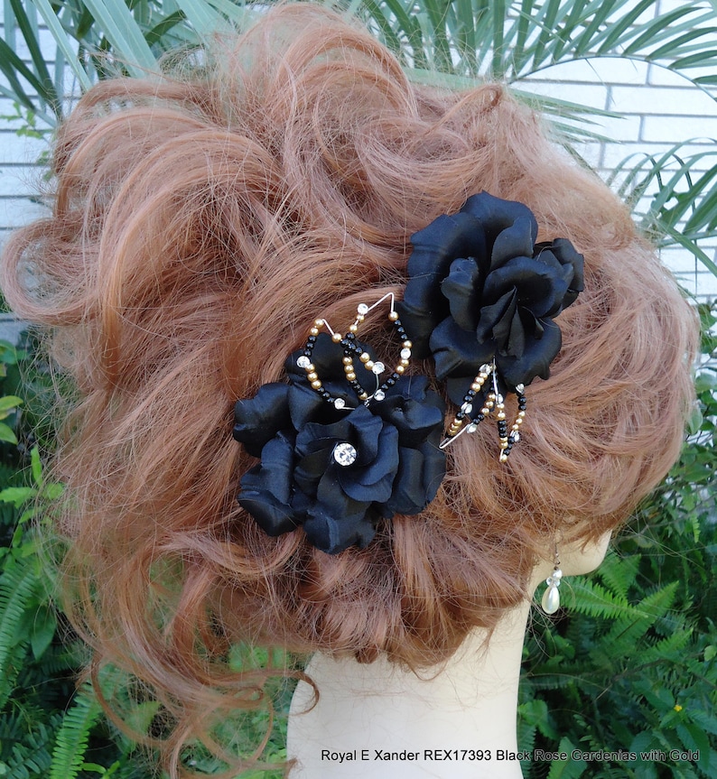 Black Hair Clips Set of 2 REX17393 Rose Gardenia Black Rose Gardenia Black Charmeuse Flowers