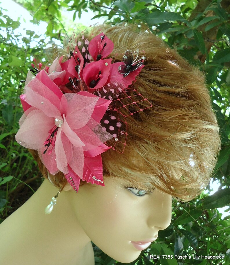 Wedding Hair Lily, Fuchsia Headpiece, Pink Black Flower, REX17385 image 1