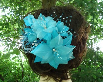 Bridal Hair Flower, Turquoise Lily Clip, Turquoise Headpiece, K385