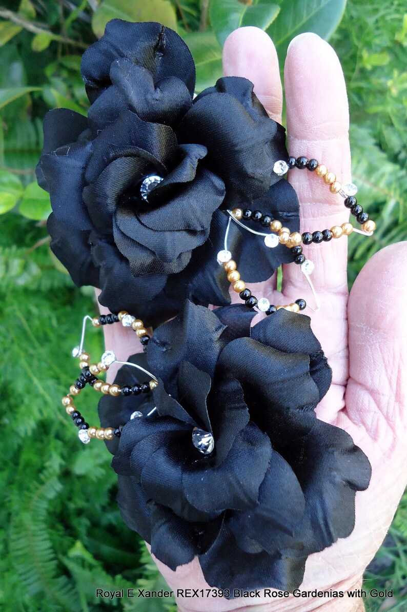 Black Hair Clips Set of 2 REX17393 Rose Gardenia Black Rose Gardenia Black Charmeuse Flowers