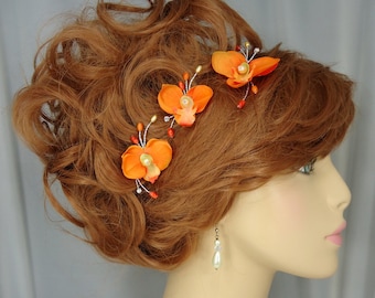 Orange Orchid Hair Pins, Set of 3, Bridal Hair Accessories, REX15-309