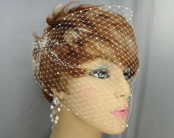 Birdcage Veil, Pearl Accent Veil, Bandeau Birdcage Veil, Wedding Veil, H1004SPDE
