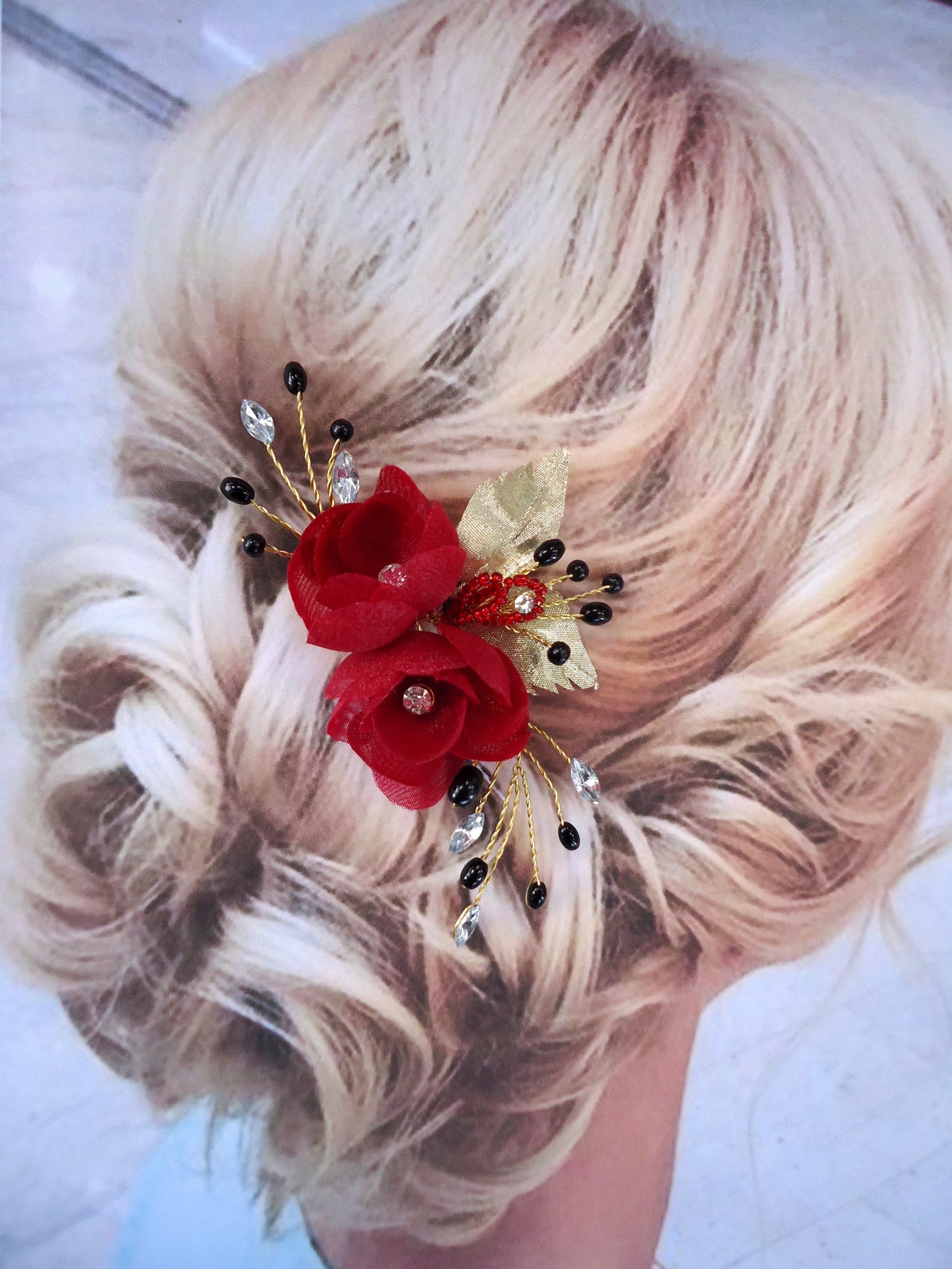 Bridal Hair Pin Red Black Hair Pin Floral Hair Pin Wedding Etsy