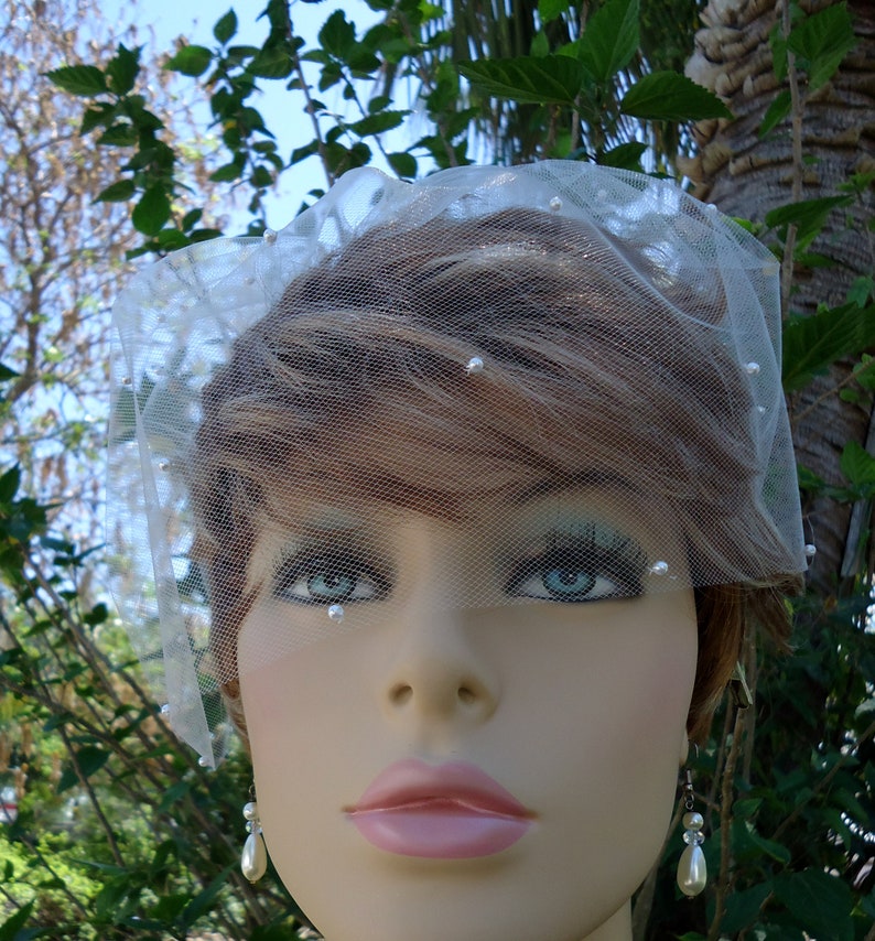 Birdcage Veil, Tulle Mini Veil, Bridal Veil, Wedding Veil, 9 Inch Veil, Scattered Pearl Veil, Bridal Accessory, H2024SP image 4