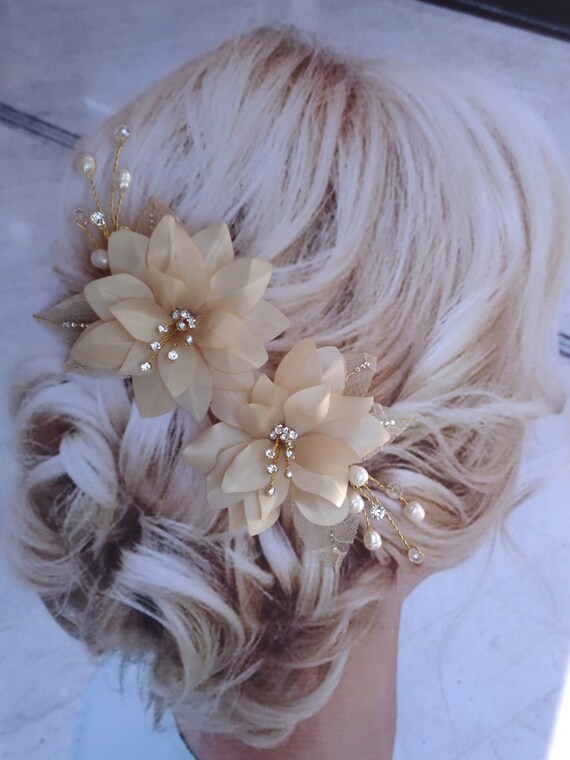 Bridal Hair Pins, Set of 2, Champagne Bridal Flowers, J410  display picture 1