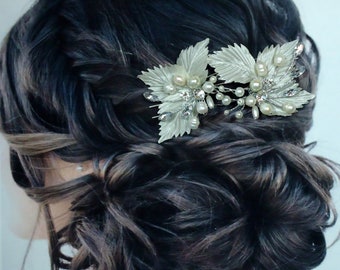 Bridal Hair Pins, Set of 2, Leaf Hair Pins, Ivory Hair Pins, Leaf Hair Vines, Ivory Bridal Headpiece, J695