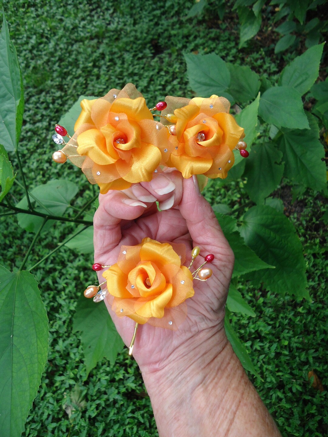 Bridal Hair Pins, Rose Hair Pins, Orange Roses, Set of 3, Wedding