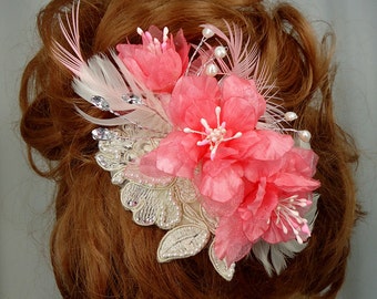 Bridal Headpiece, Coral Hair Flower, Wedding Hair Piece, Delphinium Fascinator, Bridal Hair Accessory, REX16-374