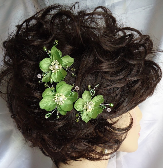 Wedding Hair Flowers Lime Green Hair Pins Mini Hair Flowers Set of 3 G371 Wedding Accessories Etsy UK