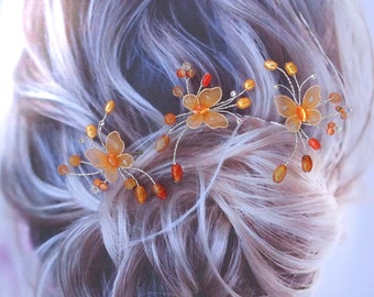 Orange Butterflies, Set of 3, Bridal Hair Pins, Butterfly Hair Pins, J188