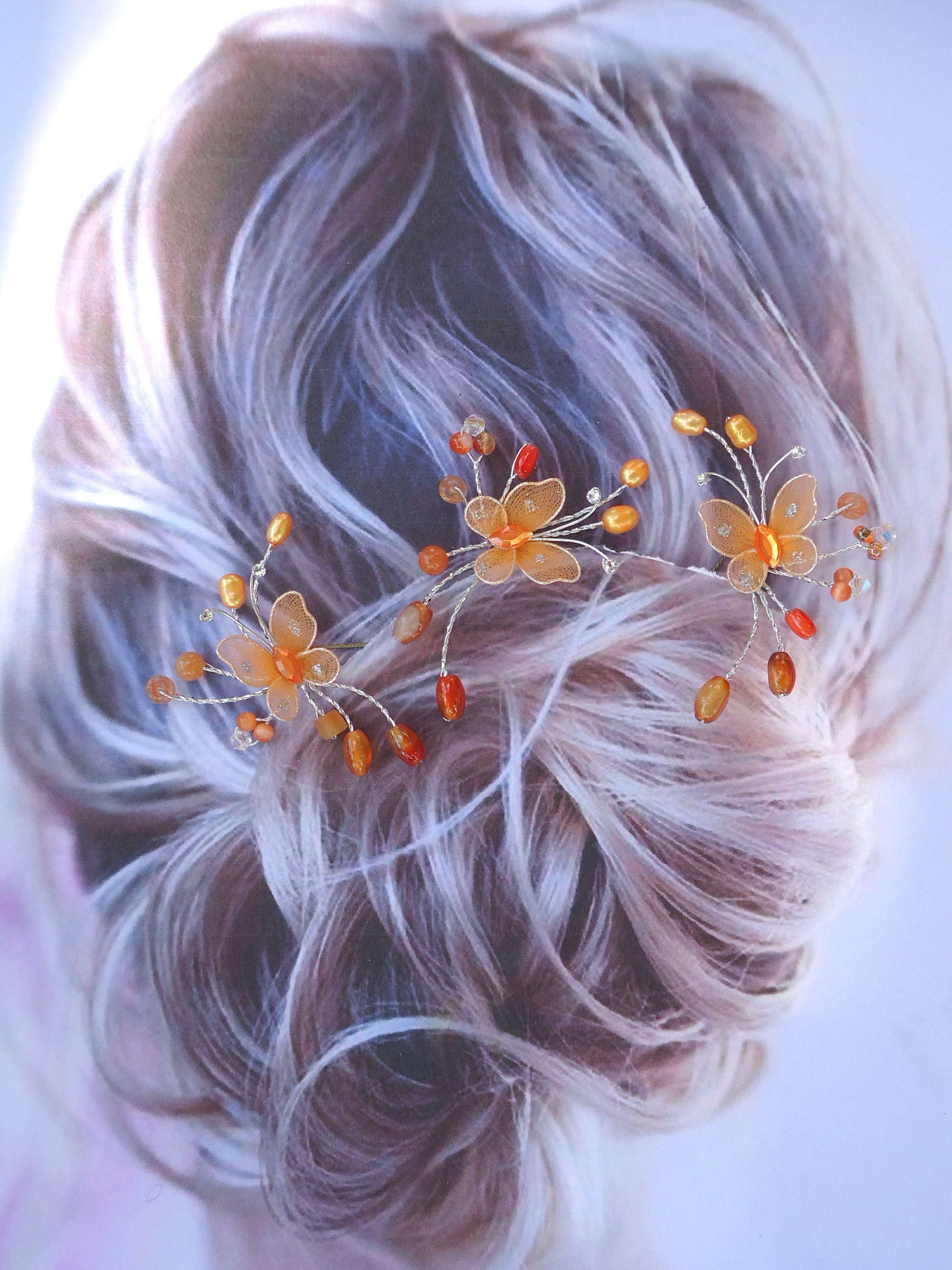 Handmade hair piece (color orange with butterfly as center piece). Butterfly Hair Piece - Etsy main image 2