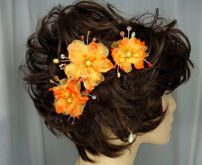 Orange Yellow Hair Pins, Delphinium Hair Pins, Set of 3, Hair Flower Pins, 15220 image 1