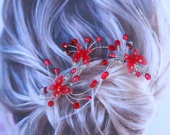 Red Butterfly, Bridal Hair Pins, Set of 3, Butterfly Hair Pins, J188