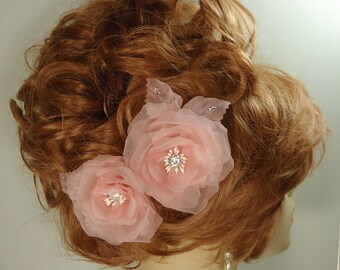 Wedding Hair Flowers, Blush Organza Roses, Rose Hair Pins, Set of 2, REX16-404