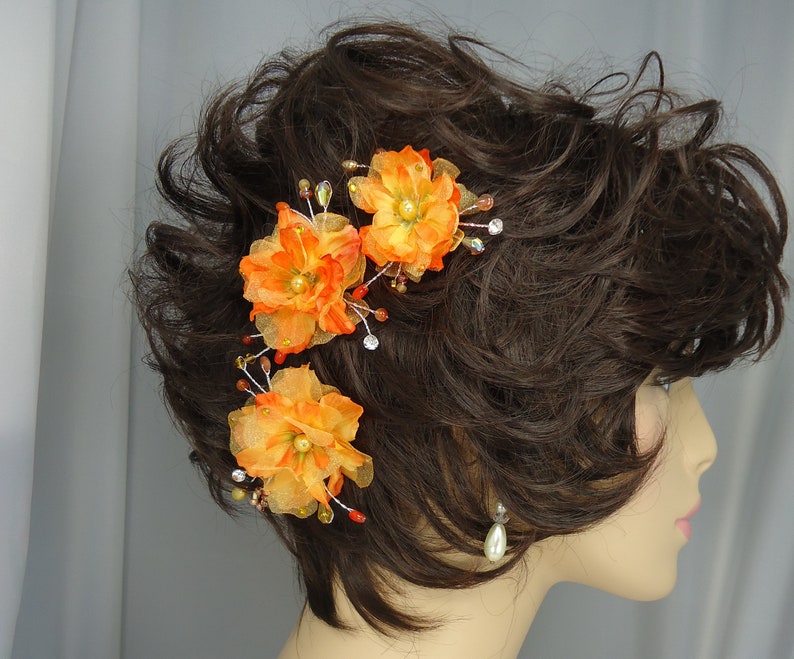 Orange Yellow Hair Pins, Delphinium Hair Pins, Set of 3, Hair Flower Pins, 15220 image 3