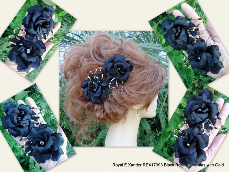 Black Hair Clips Set of 2 REX17393 Rose Gardenia Black Rose Gardenia Black Charmeuse Flowers