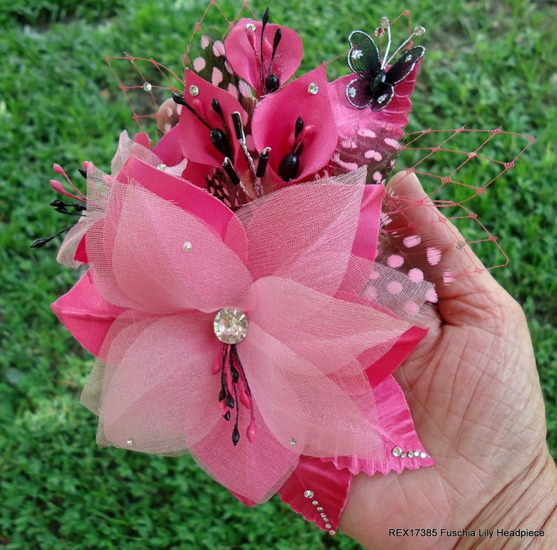 Wedding Hair Lily, Fuchsia Headpiece, Pink Black Flower, REX17385 image 5