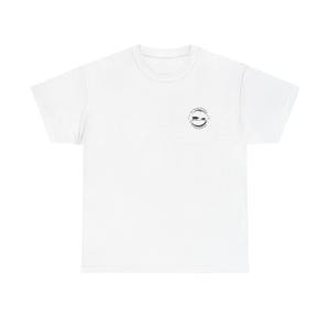 May include: White t-shirt with a small, circular graphic on the upper left chest. The graphic appears to be a stylized design with text. The shirt is made of a soft material and has a classic crew neck.