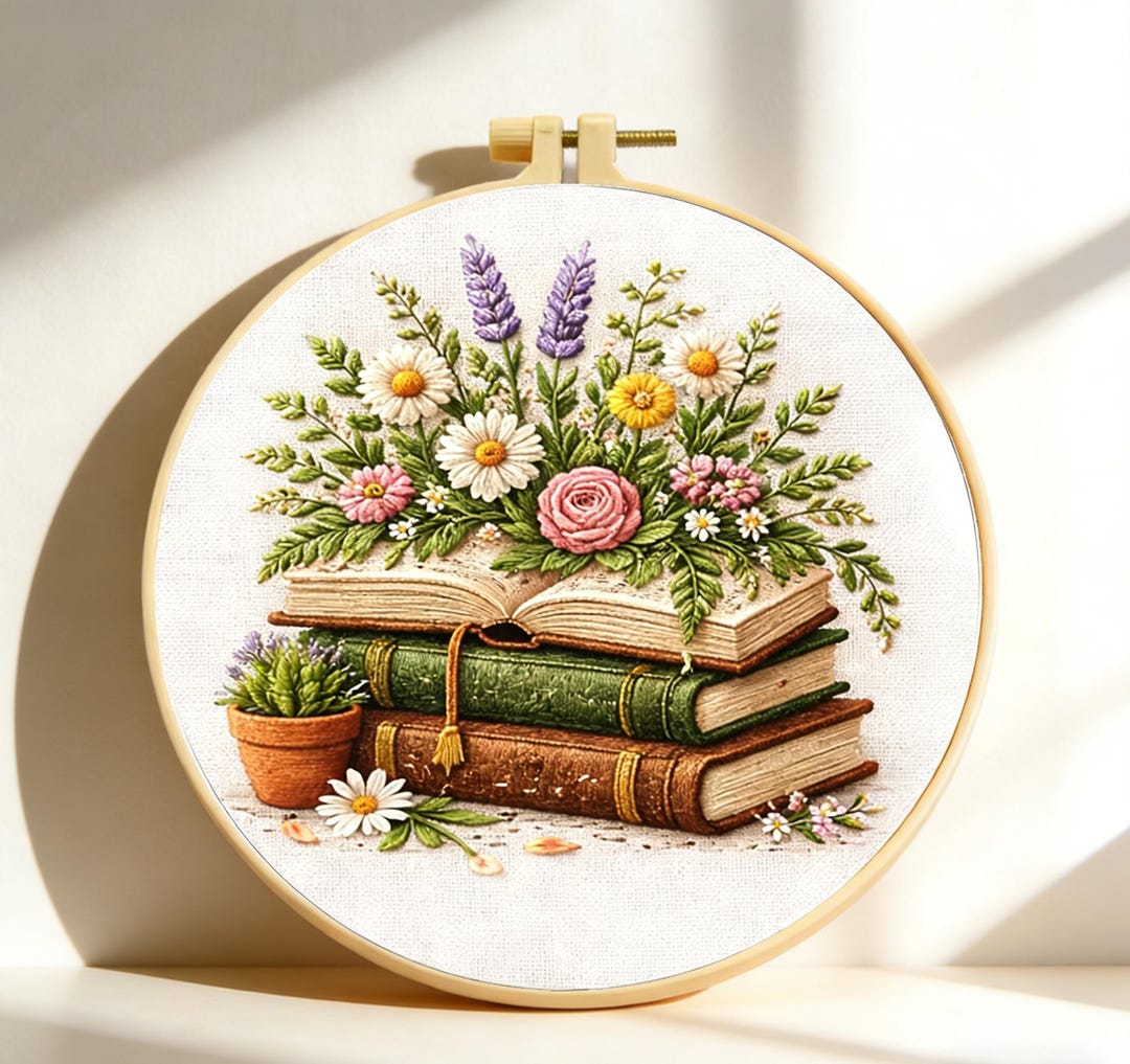 Hand Embroidered Book and Wildflower Hoop Art, Cottagecore Reader Decor ...