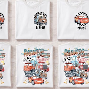 May include: Eight white t-shirts featuring Disney Pixar Cars designs. Four shirts display a single character in a checkered circle with the text NAME. Four shirts feature a Radiator Springs graphic with multiple characters and the text Radiator Springs.