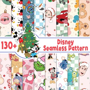 May include: A digital collection of 130+ Disney seamless patterns featuring various characters like Mickey Mouse, Stitch, Olaf, Lightning McQueen, and The Grinch in holiday-themed designs with stars, ornaments, and candy canes on colorful backgrounds.