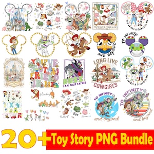 May include: A digital collection of 20 Toy Story themed graphic designs featuring characters like Woody, Buzz Lightyear, Jessie, and Rex. The illustrations include various arrangements of characters, Mickey Mouse ear silhouettes, and text such as You've Got a Friend in Me, To Infinity and Beyond, and Long Live Cowgirls.