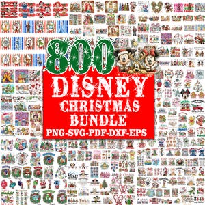 Puede incluir: Una colección digital de 800 diseños navideños de Disney con varios personajes en escenas festivas. El gráfico central rojo muestra el texto blanco 800 DISNEY CHRISTMAS BUNDLE PNG-SVG-PDF-DXF-EPS rodeado de coloridas ilustraciones de personajes.
