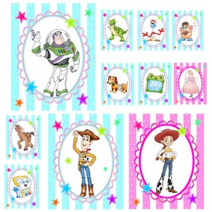 May include: A digital sheet of Toy Story character stickers featuring Buzz Lightyear, Woody, Jessie, Rex, Forky, Mr. Potato Head, Slinky Dog, Bullseye, and others. Each character is framed in a scalloped oval on a striped background with colorful stars.