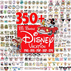 May include: A digital collection of over 350 Disney-themed graphic designs featuring various characters, icons, and text elements. The central red rectangular graphic displays the text 350+ BIG BUNDLE Disney VACATION PNG-SVG-PDF-DXF-EPS.