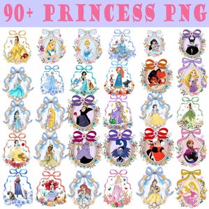May include: A collection of princess-themed PNG graphics. Each graphic features a princess portrait within an oval frame, adorned with floral arrangements and a decorative bow. The text "90+ PRINCESS PNG" is displayed at the top.