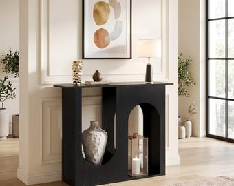 Mesa consola moderna negra con diseño de arco, mesa elegante para recibidor, mesa auxiliar estrecha para pasillo o sofá, mesa decorativa para sala de estar.