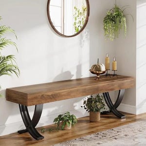 55 Inch Entryway Bench, Rustic Farmhouse Shoe Bench, Wooden Storage Bench, Industrial X-Leg Seating