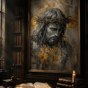 Christ the Saviour | Grey and Gold Jesus Art Print | Crown of Thorns | Contemporary Religious Wall Art | Digital Download