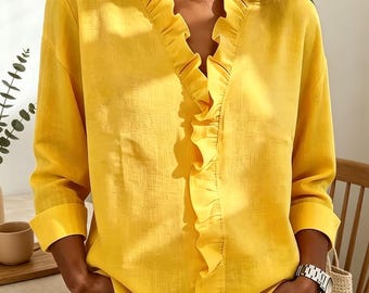 Women's Spring Casual Cotton Linen Shirt, Loose-fitting V-neck Long-sleeved Top with Ruffled Trim