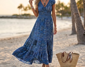 Vestido largo estampado estilo bohemio con capas, vestido largo de cuello en V, manga corta y talle alto, vestido de verano fluido de talla grande