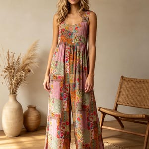 Boho blommig lapptäcke ärmlös lång jumpsuit | Vintagetryck elastiska högmidjade vida byxor
