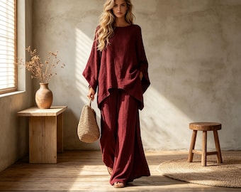 Ensemble deux pièces femme : haut ample à manches chauve-souris et pantalon large — Vêtements de détente d'été