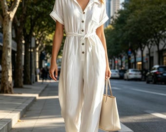 Women's summer white linen jumpsuit, casual V-neck button-down short-sleeved tie-up wide-leg jumpsuit with pockets